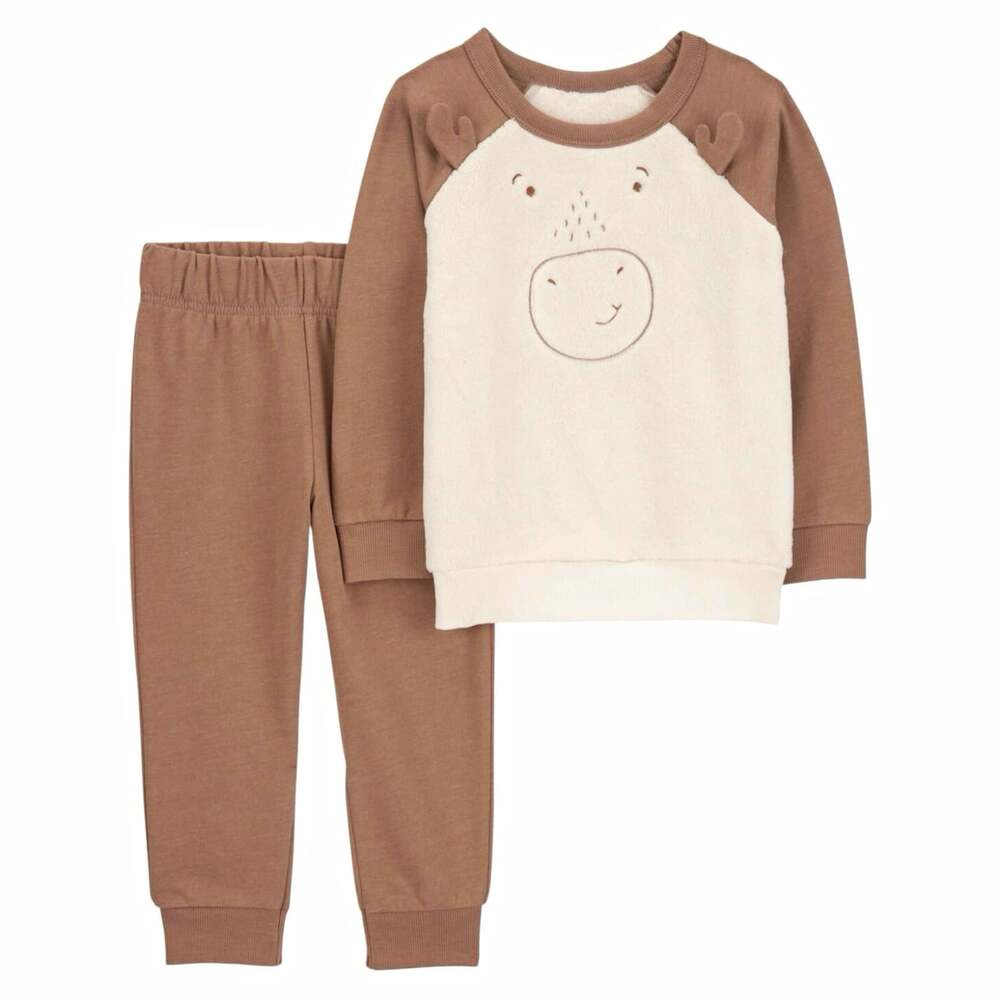 Carter's 3T 2pc Fuzzy Moose Fleece Embroidered Sweatshirt Pants Set Brown White